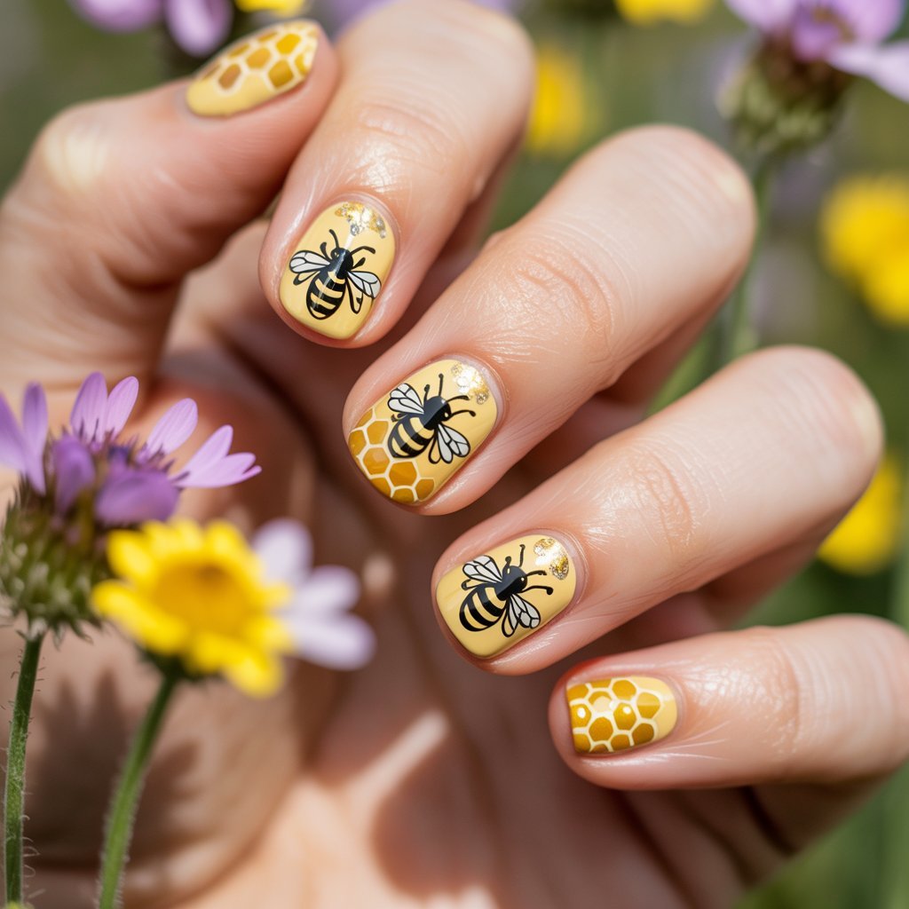 Yellow and Black Bee Nails with Honeycomb Nail Art Design