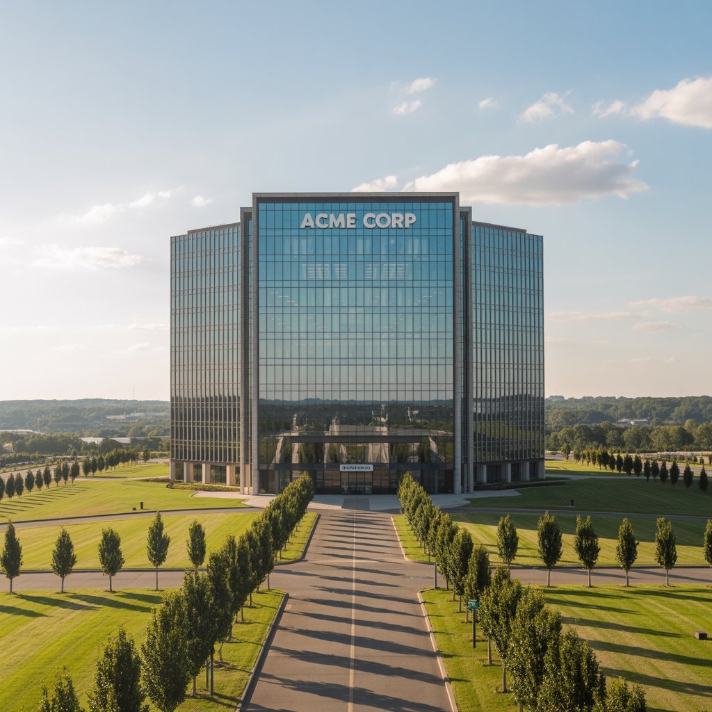 Modern Business Park with Corporate Buildings and Green Spaces