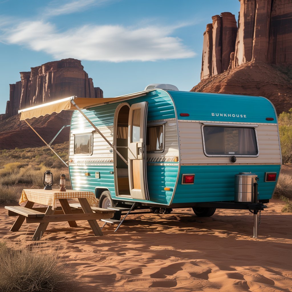 Family enjoying outdoor camping with their bunkhouse travel trailer
